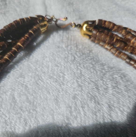 Boho Multi-Strand Brown Beaded Shell Necklace + Bonus Shell & Turquoise Bracelet - Picture 2 of 3